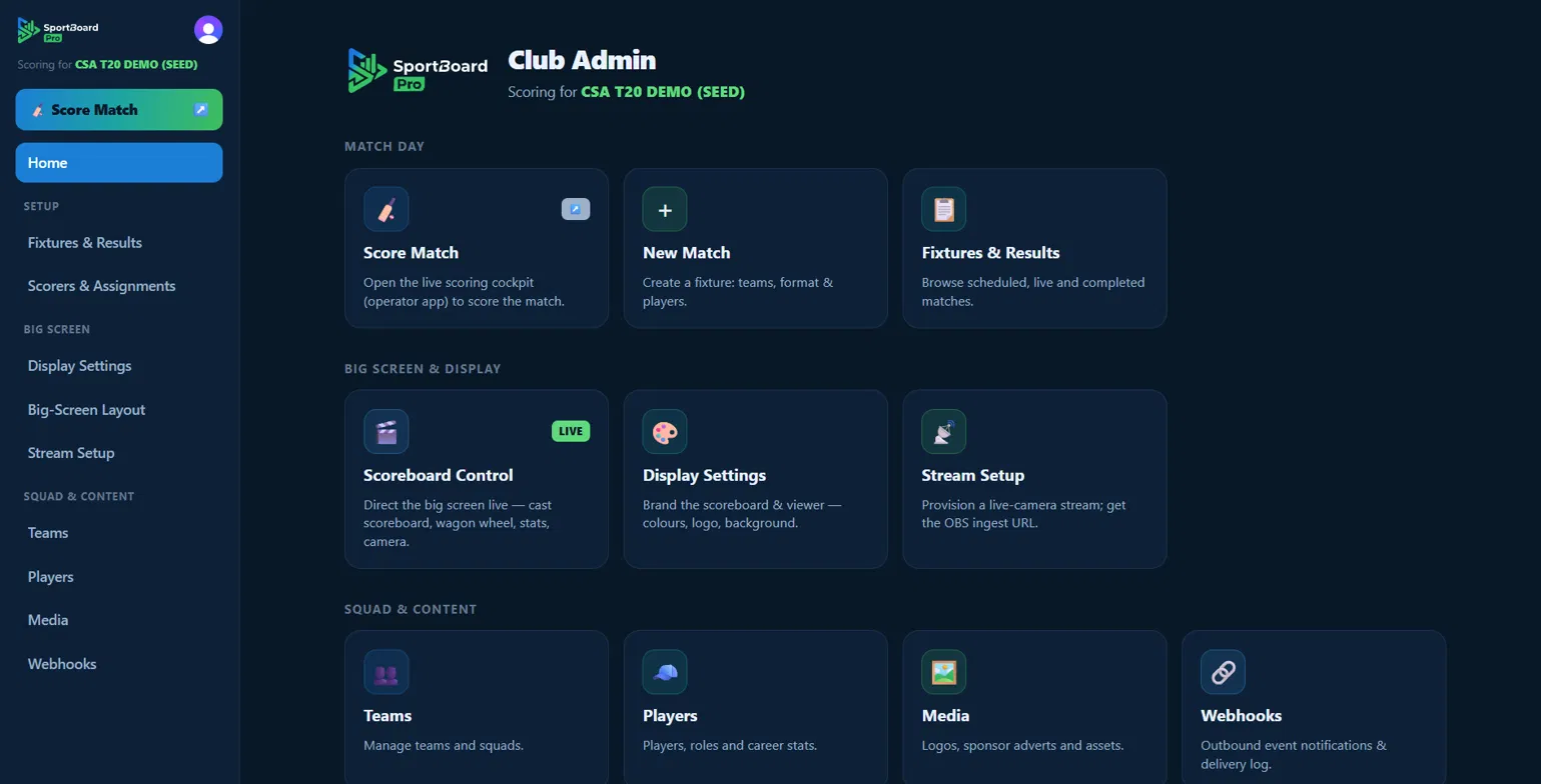 SportBoard Pro club and super-admin console