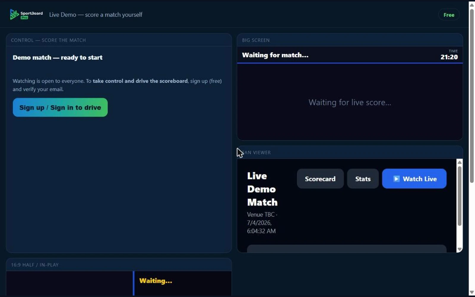 SportBoard Pro live demo wall combining control panel, big screen, viewer and wagon wheel