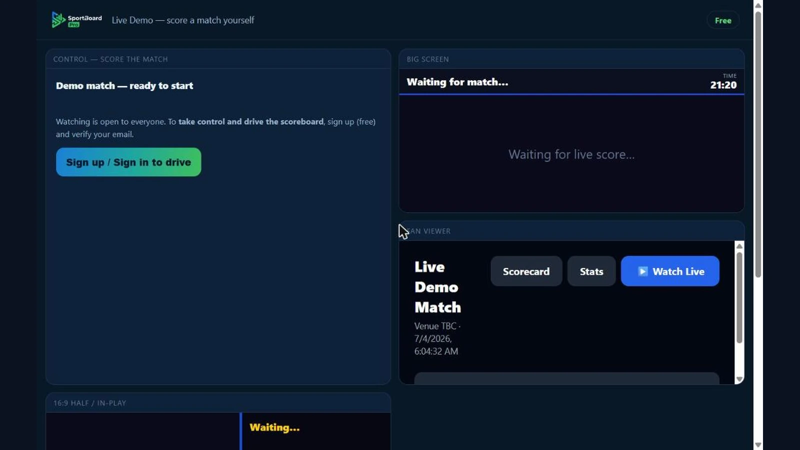 SportBoard Pro live demo wall showing the big-screen scoreboard, scoring control and fan viewer